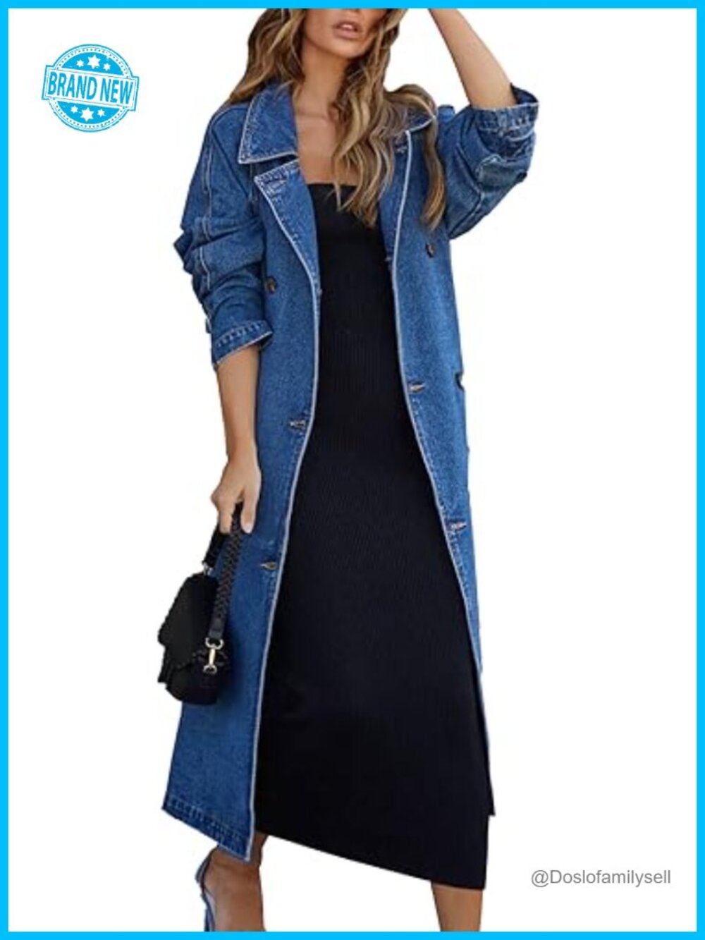 Washed Denim Double Breasted Trench Coat with Belt Loose Fit Notched Collar